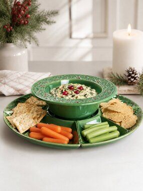 American Atelier Holly Berry Chip & Dip Set Stoneware Serving Bowl NIB
